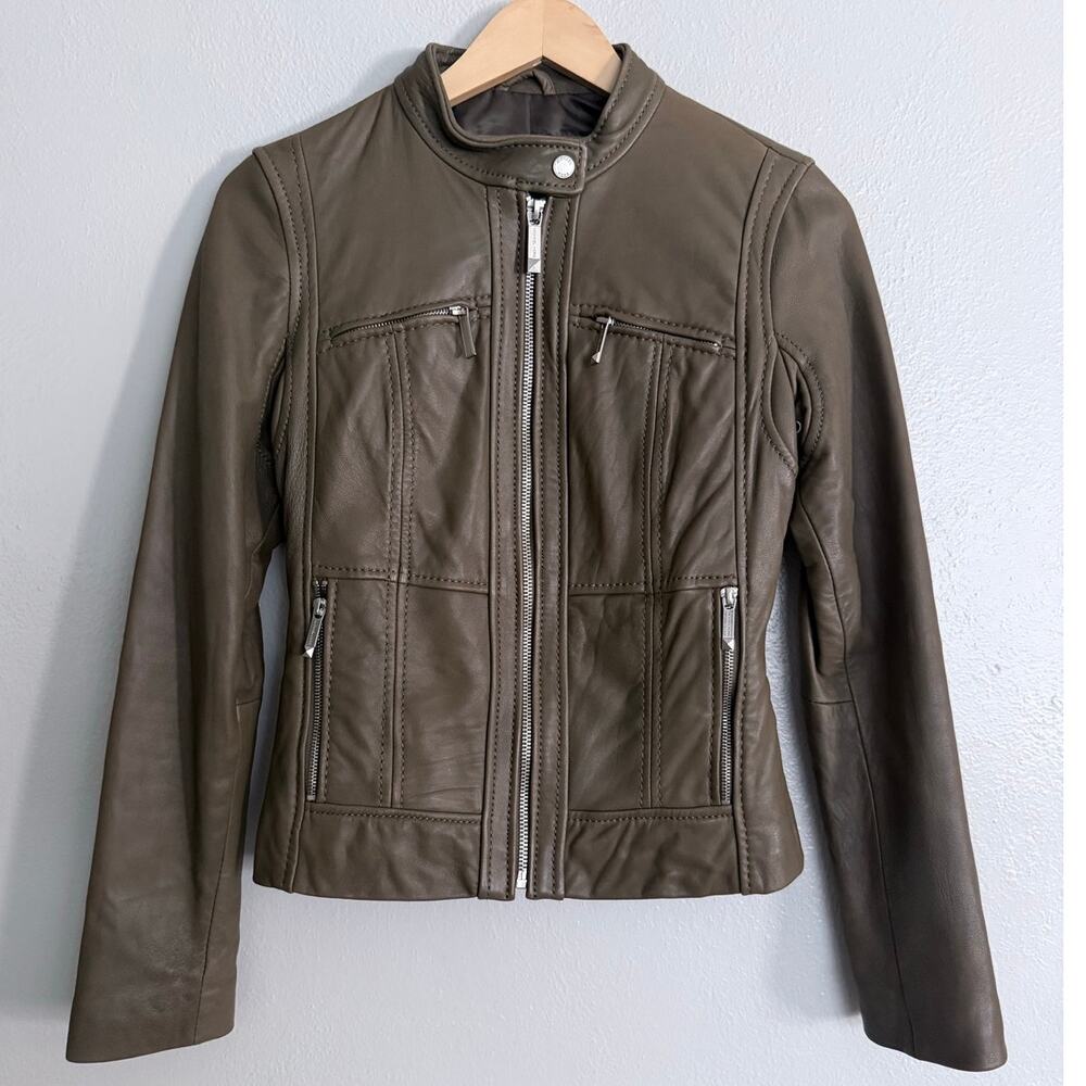 MICHAEL KORS buttery soft 100% leather green olive full zip lined moto jacket